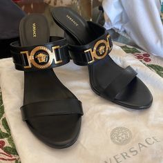 Brand New, Never Worn, Versace, Size 39, Black Medusa Head Strappy Heeled Sandals Comes With Duster Bag Versace Chunky Heels, Versace Medusa Platform, Versace Flip Flops, Black Heels Versace, Versace Black Platform Heels, Strappy Sandals Heels, Black Sandals Heels, Walker Boots, Rain And Snow Boots