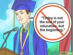 a man wearing a cap and gown standing at a podium with a sign saying today is not the end of your education, but the beginning