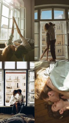 two people are standing on the windowsill and one is laying down with her hands up in the air