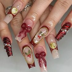 Maroon Nails, Girly Acrylic Nails, Unique Acrylic Nails, Bling Acrylic Nails, Nail Jewelry, Xmas Nails, Funky Nails, Pretty Acrylic Nails, Best Acrylic Nails