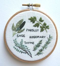 a cross stitch pattern with words and plants on it that read parsley sage rosemary thy