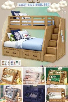 the bunk bed is made out of wood and has stairs leading up to it's bottom