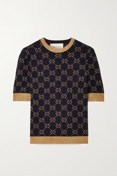 Gucci's logo-centric designs continue to dominate, thanks to Creative Director Alessandro Michele's eclectic and innovative imagination. This sweater is spun from cotton-blend with signature metallic 'GG' jacquard. Style yours with a trench coat and jeans. Gucci Pullover, Gucci Jeans, Dark Blue Sweater, Gucci Sweater, Gucci Top, Gucci Style, Calling Card, Gucci Outfits, Metallic Sweater