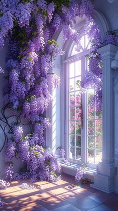 the window is covered with purple flowers