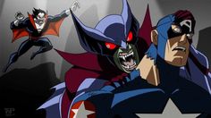 an animated image of two superheros with red eyes, one in blue and the other in black