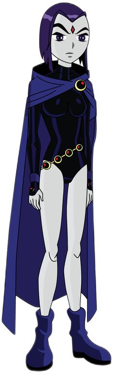 a cartoon character dressed in black and white with purple hair, wearing a blue cape