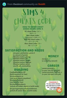 a green flyer with the words sims 4 cheats code and instructions on it