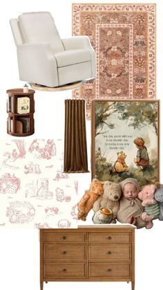 a collage of furniture and wallpapers with teddy bears on them, including a baby's crib