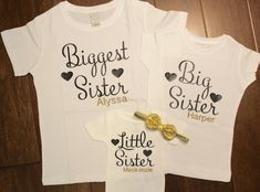 Biggest Sister, Big Sister, & Little Sister shirt/onesie set. (GLITTER BOW NOT INCLUDED) Biggest sister, Big Sister and Little Sister shirt/onesie set will be made on a white shirt with black non glitter writing and hearts and a gold glitter name. You can make any lettering color combinations on the shirts that you would like from the following list. Glitter Colors: Black, Silver, Gold, Red, Blue, Purple, Lavender, Pink, Mint Non-Glitter: Black, Charcoal, Grey, Silver, Navy Blue, Light Blue, White Fitted Top For Gender Reveal, Little Sister Shirts, Big Sister And Little Sister, Little Sister Shirt, Pregnancy Reveal Shirt, Big Sister Little Sister, Baby Pregnancy, Glitter Colors, Sister Shirt