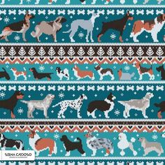 a knitted pattern with dogs and snowflakes on the bottom, blue background