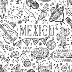 a black and white pattern with the words mexico written in different languages, surrounded by mexican symbols