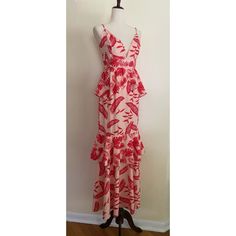 Gorgeous Summer/Vacation Dress By Chicways! Beautiful Red Tropical Print On A Peachy-Pink Background. Features A Deep V Neckline And An Empire Waist. Fully Lined W/ Adjustable Straps. New Without Tags! Flat Measurements: Pit To Pit: 17” Waist: 14.5” Hips: 19.5” Shoulder To Hem: 56”+ (Measured W/ Straps Shortened To Fit Mannequin) Pink Tiered Maxi Dress For Vacation, Pink Summer Maxi Dress For Holiday, Pink Maxi Dress For Summer Holiday, Ruffled Beachwear Maxi Dress For Day Out, Red Summer Maxi Dress For Summer Parties, Beachwear Maxi Dress With Ruffles For Day Out, Beachwear Maxi Dress With Ruffles For Brunch, Red Tiered Maxi Dress For Vacation, Pink Maxi Dress With Ruffle Hem For Vacation