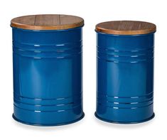 two blue metal containers with wooden lids