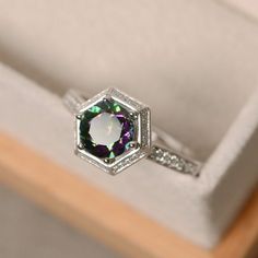 Mystic Topaz Ring Engagement, Engagement Ring With Band, Mystic Topaz Engagement Ring, Topaz Ring Engagement, Ring With Band, Emerald Cut Solitaire Ring, Colorful Ring, Mystic Fire Topaz, Mystic Topaz Ring