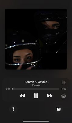 an audio player with the words search and rescue on it's screen next to a photo of a woman wearing a motorcycle helmet