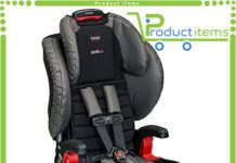 the child's car seat is black and grey with red trimmings on it