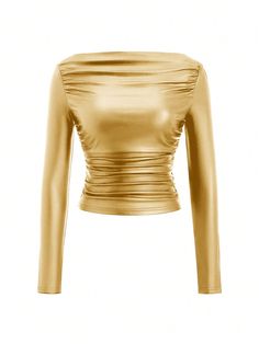 Women Simple Pleated Long Sleeve PU Leather T-Shirt, Casual Daily Wear Gold Casual  Long Sleeve PU Leather Plain  Medium Stretch  Women Clothing, size features are:Bust: ,Length: ,Sleeve Length: Gold Shirts, Leather T Shirt, Branded Outfits, Gold Shirt, Womens Shoes High Heels, Vest Fashion, Boho Women, Bra Women, Kids Beachwear