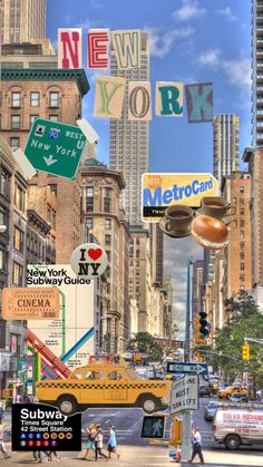 a city street filled with lots of traffic and tall buildings covered in signs that spell out new york