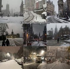 there are many different scenes in the same city and it is snowing all over