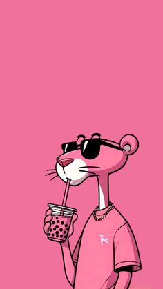 a cartoon character holding a drink in one hand and wearing sunglasses on the other side