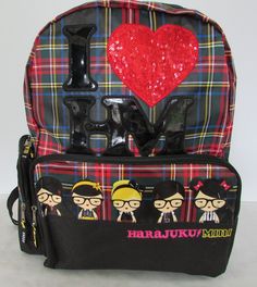 HARAJUKU MINI PLAID 16" LARGE BACKPACK                     New with Tag             Genuine Licensed Harajuku Mini bag - Target Exclusive Retired HIGHLIGHTS: *    Black multicolored plaid bag features Harajuku girls      - sequin, embroidered and applique accents *    Side Mesh Bottle slip pocket *    Side zip around slip pocket *    Front zipper compartment features multi-use tech slip pockets *    Full large sized bag *    Top grab handle & padded adjustable straps *    Fully lined with padded back *   Bag measures:       16"(h) x 6"(d) x 12"(L)            SMOKE FREE HOME I ship within 24 hours of cleared payment via USPS PRIORITY MAIL which includes delivery confirmation. Any questions?   Please drop me a line and I'll reply as quickly as possible! Thanks for shopping! PLEASE VISIT MY S Casual College Bags For End Of School Year, College Bags With Zipper Closure For Back To School, Back To School College Bags With Zipper Closure, Plaid Bag, Plaid Backpack, Harajuku Lovers, Harajuku Girls, Bag Pack, Back Bag