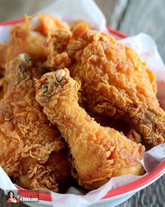 some fried food in a red and white bowl