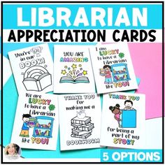 five books with different illustrations on them and the words librarian appreciation cards for kids to color