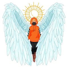 an angel with white wings and orange hoodie