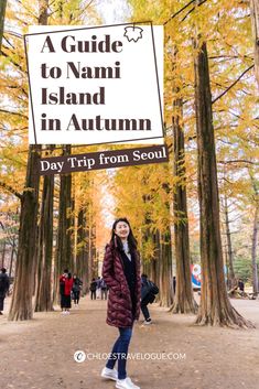 a woman standing in front of a sign that says a guide to nami island in autumn day trip from seoul