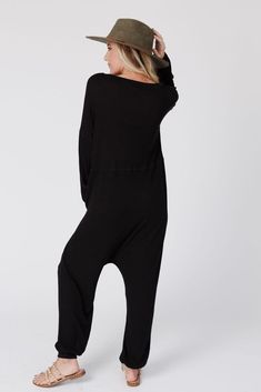 The Perfect Long Sleeve Harem Jumpsuit - Black | Three Bird Nest Boho Onesie, Harem Jumpsuits, Boho Outfit, Black Boho, Knitted Beanie, Buckle Sandals, Knit Beanie Hat, Black Jumpsuit, Messy Bun