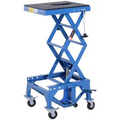 a blue scissor with wheels and a tray on it's back end