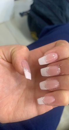 Sparkly French Nails Acrylic, French Tip White And Silver, French Tip Nails White Sparkle, White Hoco Nails Square, White Tips With Sparkle, Sliver Homecoming Nails, Hoco Nail Ideas French Tips, French Tip Nails White With Glitter, Nail Homecoming Ideas