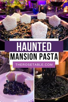 there is a plate with food on it and the words,'haunted mansion pasta '