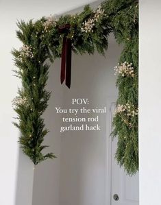 Cozy Rustic Christmas Decor, Elegant Christmas Ideas, Christmas Small Living Room Decor, Real Holly Christmas Decorations, Christmas Garland Hallway, Garland On Windows Christmas, Christmas Curtain Rod Decor, Door Frame Garland Christmas, Moody Christmas Living Room