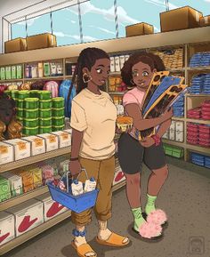 two young women standing in front of a store filled with goods and supplies, one holding a basket