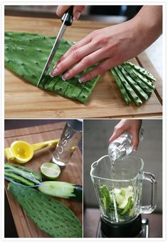 the process of making cucumber and lemonade is shown in three different pictures