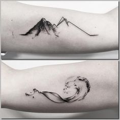 two tattoos with mountains and waves on the arm