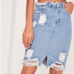 Missguided Busted Hem Denim Midi Skirt Blue Brand New - Nwt Size 4 (No Stretch) Distressed Light Wash Midi Length Blue Ripped Skirt For Summer, Blue Ripped Mini Skirt For Spring, Ripped Blue Mini Skirt, Blue Ripped Mini Skirt, Ripped Blue Denim Mini Skirt, Ripped Denim Skirt In Blue, Blue Denim Ripped Skirt, Blue Ripped Denim Skirt, Ripped Blue Denim Skirt