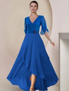 A-Line Mother of the Bride Dress Wedding Guest Party Elegant V Neck Asymmetrical Chiffon Half Sleeve with Crystal Brooch Ruching Elegant Chiffon Dress For Wedding, Elegant Chiffon Mother Of The Bride Dress For Banquet, Chiffon A-line Evening Dress For Wedding Guest, Elegant A-line Chiffon Wedding Dress, Elegant Chiffon Mother Of The Bride Dress, Elegant Blue Chiffon Dress For Wedding Guest, Elegant Chiffon Evening Dress For Mother Of The Bride, Elegant Fitted Chiffon Dress For Mother Of The Bride, Elegant Floor-length Chiffon Dress For Mother Of The Bride