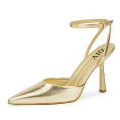 a gold high heeled shoe with ankle straps