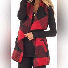 Buffalo Plaid Has Pockets Nwt Smoke Free Home Vest Cardigan, Plaid Cardigan, Sleeveless Cardigan, Red Cardigan, Cardigan Vest, Sleeveless Vest, Cool Sweaters, Cardigan Coat, Outfit Idea