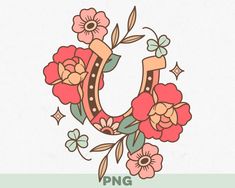 the letter u is decorated with flowers and leaves