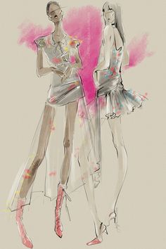 two women standing next to each other in front of a pink background with watercolor splashes