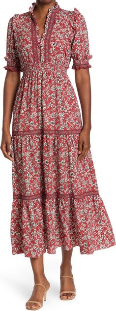 Elbow Length Sleeve Print Tiered Maxi Dress | Nordstromrack Casual Tiered Maxi Dress With Flowy Skirt, Casual Tiered Maxi Dress With Ruffled Skirt, Red Tiered Skirt Maxi Dress For Spring, Red Tiered Maxi Dress For Spring, Casual Floral Print Tiered Maxi Dress, Casual Floral Print Maxi Dress With Tiered Skirt, Casual Tiered Maxi Dress With Elastic Waistband, Tiered Maxi Dress, Ruffle Collar