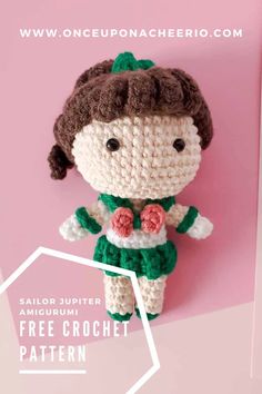 a crocheted doll is posed on a pink background with the caption free crochet pattern