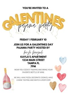 a party flyer for valentine's day with balloons, hearts and wine bottles on it