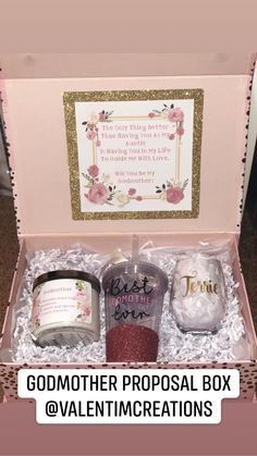 a pink box filled with personalized items and the words godmoter proposal box