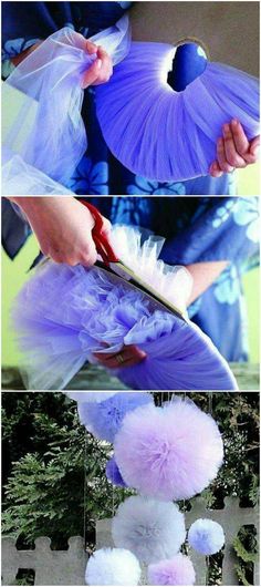 the process of making tissue pom poms is shown in three different pictures, including one