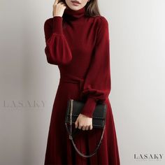 Lasaky - Stylish Knit Dress with High Neck, Perfect for Layering with Coats and Sweaters Layering With Turtlenecks, Turtleneck Pattern, Warm Knit Sweater, Dress With High Neck, Solid Color Sweater, Beige Coat, Belt Design, Korean Dress, Slim Fit Dresses