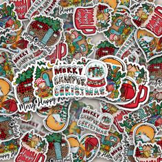 merry christmas stickers with santa claus and other holiday related items in red, white, green and blue